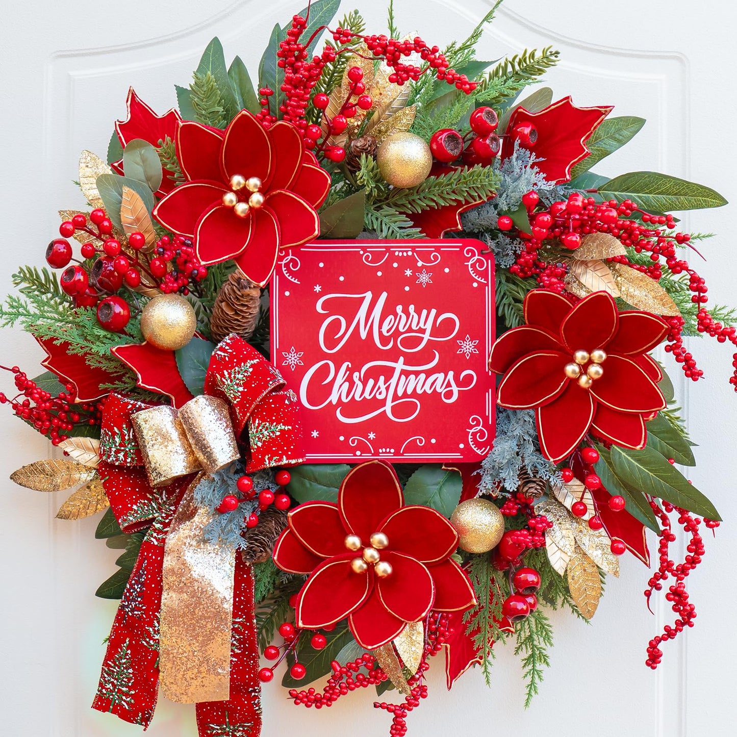 Christmas Wreath with Lights, 24 Inch Lighted Christmas Wreath for Front Door, Winter Wreath with LED Lights, red Berries, Pinecones, Gold Ball, Red Bow, Merry Christmas Sign for Indoor or Outdoor