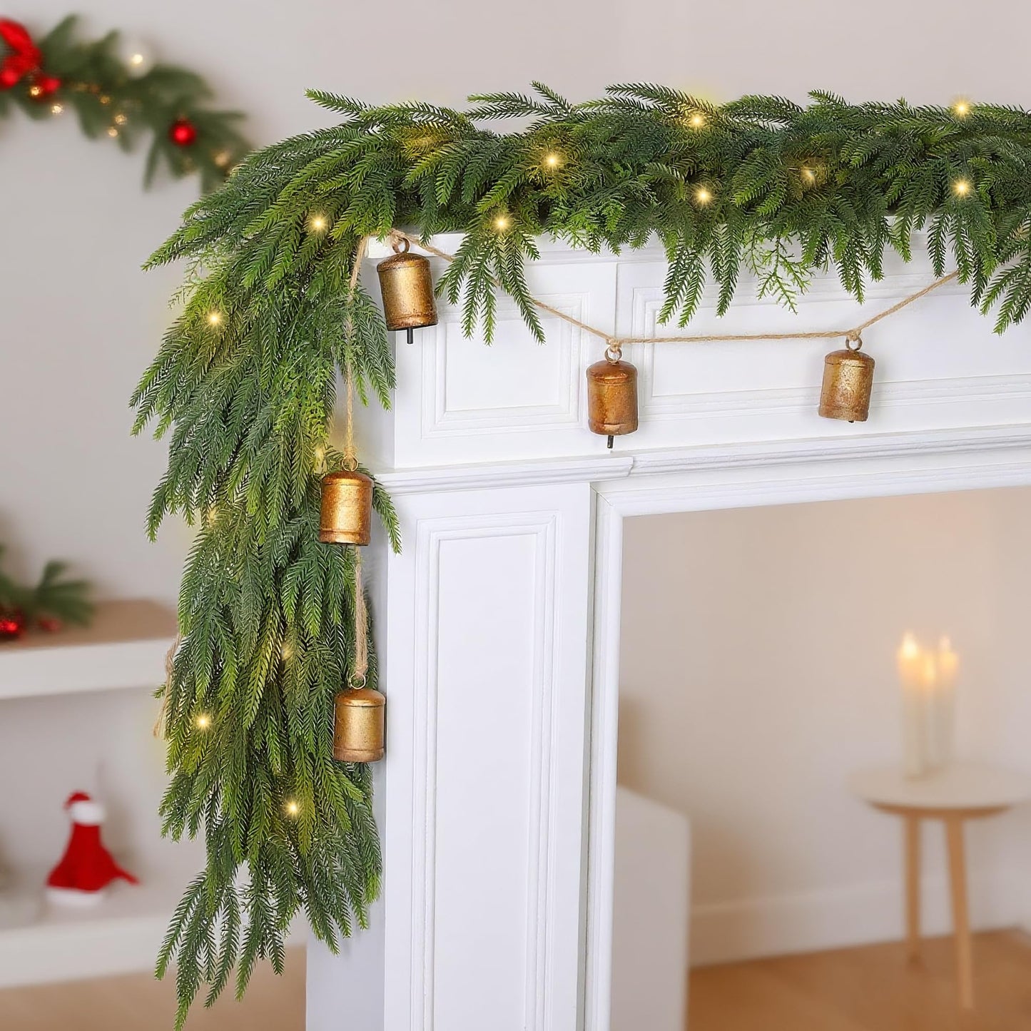 Fovths 9 Ft Christmas Garlands with Lights and Bells Real Touch Norfork Pine Garland Artificial Greenery Garlands for Christmas Mantle, Table Indoor Outdoor Decorations, Green