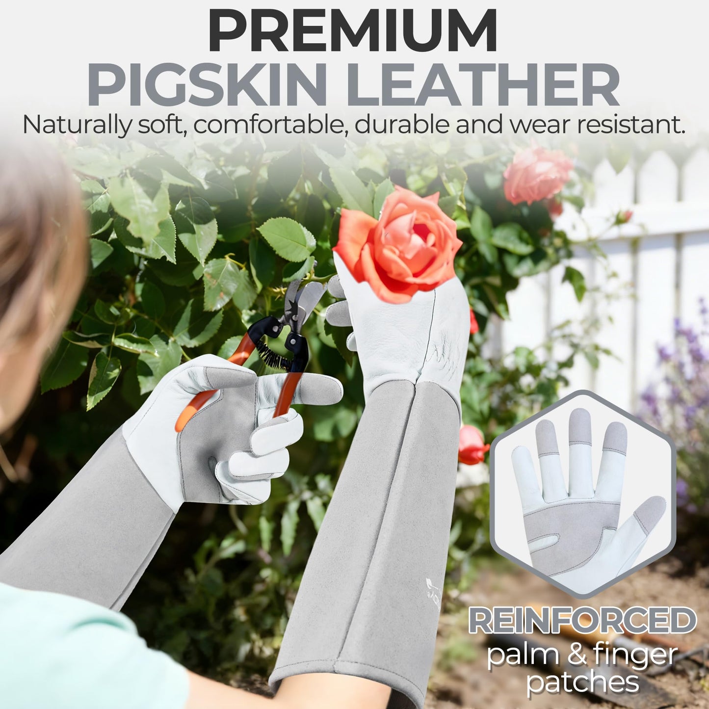 HANDLANDY Long Gardening Gloves for Men & Women, Thorn Proof Rose Pruning Gloves Leather Gauntlets Garden Glove Yard Work Glove (Silver Gray, Large)