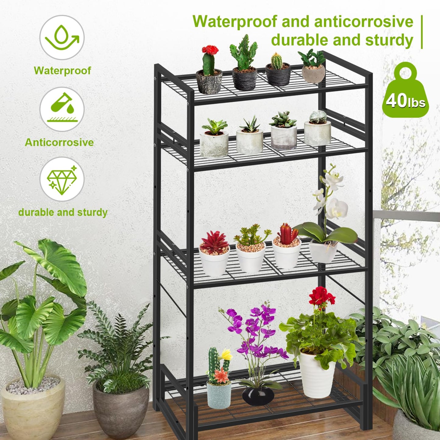 Meyoppm 4 Tier Metal Plant Stand Indoor Outdoor, Ladder Flower Pot Holder Plant Stands, Stackable Heavy Duty Tall Plant Shelf Flower Pot Holder for Garden, Display Rack