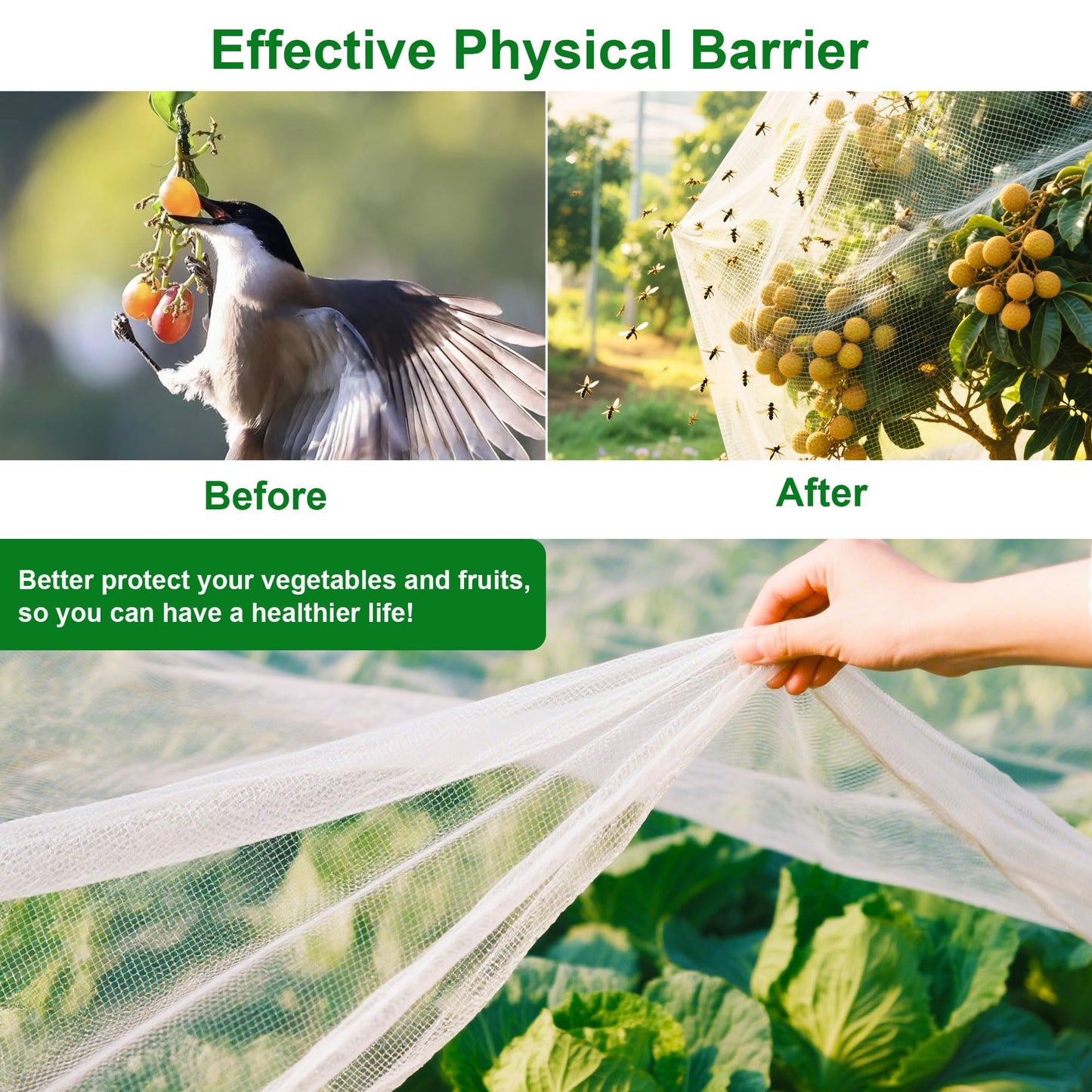 FOTMISHU Garden Netting 10x60FT Ultra Fine Mesh Netting Bird Barrier Protection Vegetable Fruit Tree Bushes Plant Cover for Raised Bed
