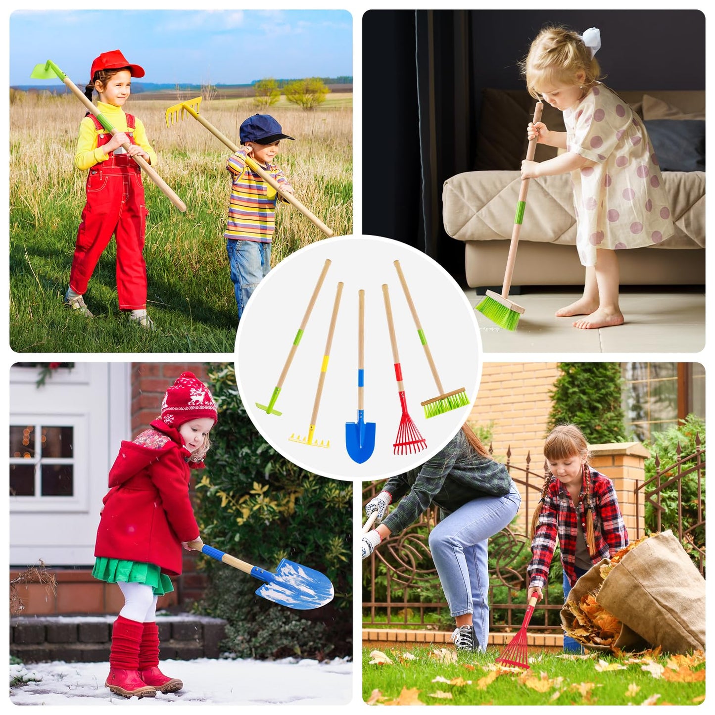 Theefun Kids Garden Tool Set: Safe Toddler Size Hoe, Rake, Shovel, Leaf Rake, Broom 5-Piece Kids Gardening Tools with Wooden Handle and Metal Head for Child Christmas Outdoor Toys Gift for Boys Girls