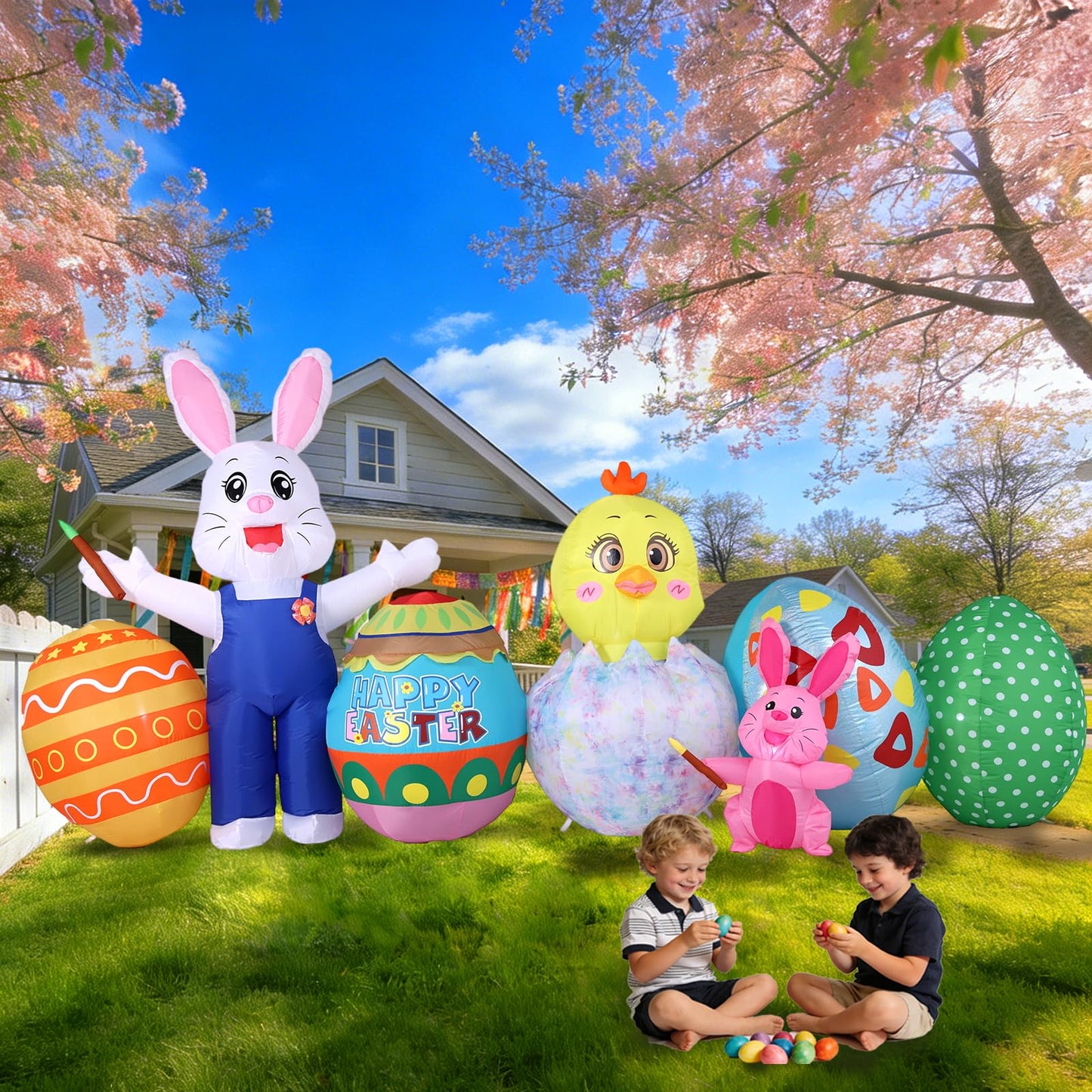 KISSUNY Easter Inflatable Outdoor Decoration, 11.5 FT Wide White Bunny with Chick and Easter Eggs, Built-in LED Lights, Blow Up Yard Decor for Lawn and Garden