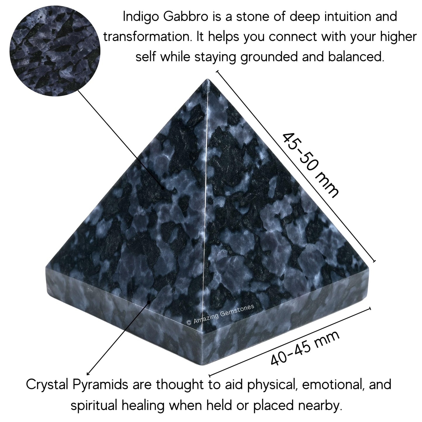 Amazing Gemstone Indigo Gabbro Pyramid Crystal Healing Stones - 2" Great Pyramid Figurine of Natural Stone Pyramid for Meditation, Reiki, Chakra Balancing and Crystal Pyramids Grid