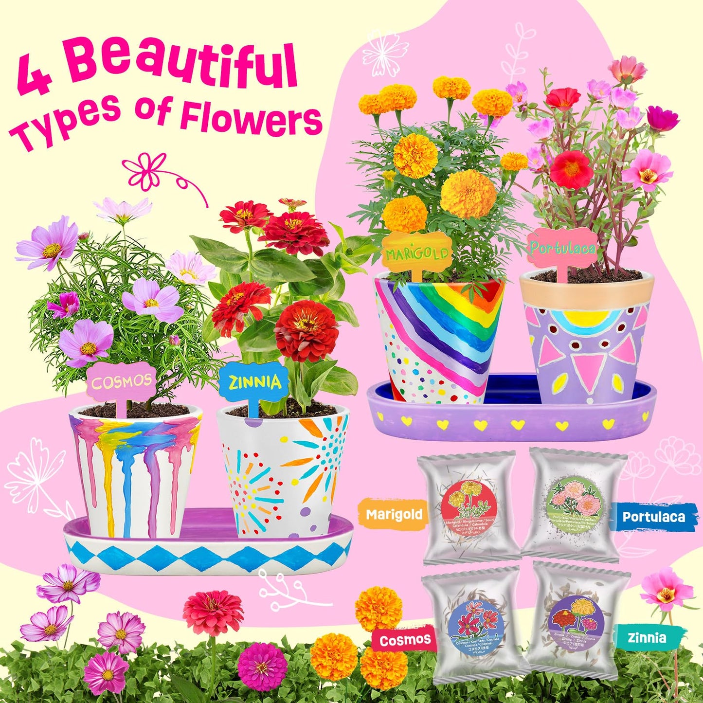 4 Set Paint & Plant Flower Gardening Kit - Gifts for Girls Ages 8-12, Arts and Crafts for Kids Ages 8-12, Kids Gardening Set, Toys Birthday Easter Gifts for Kids Girls Boys Ages 6 7 8 9 10 11 12