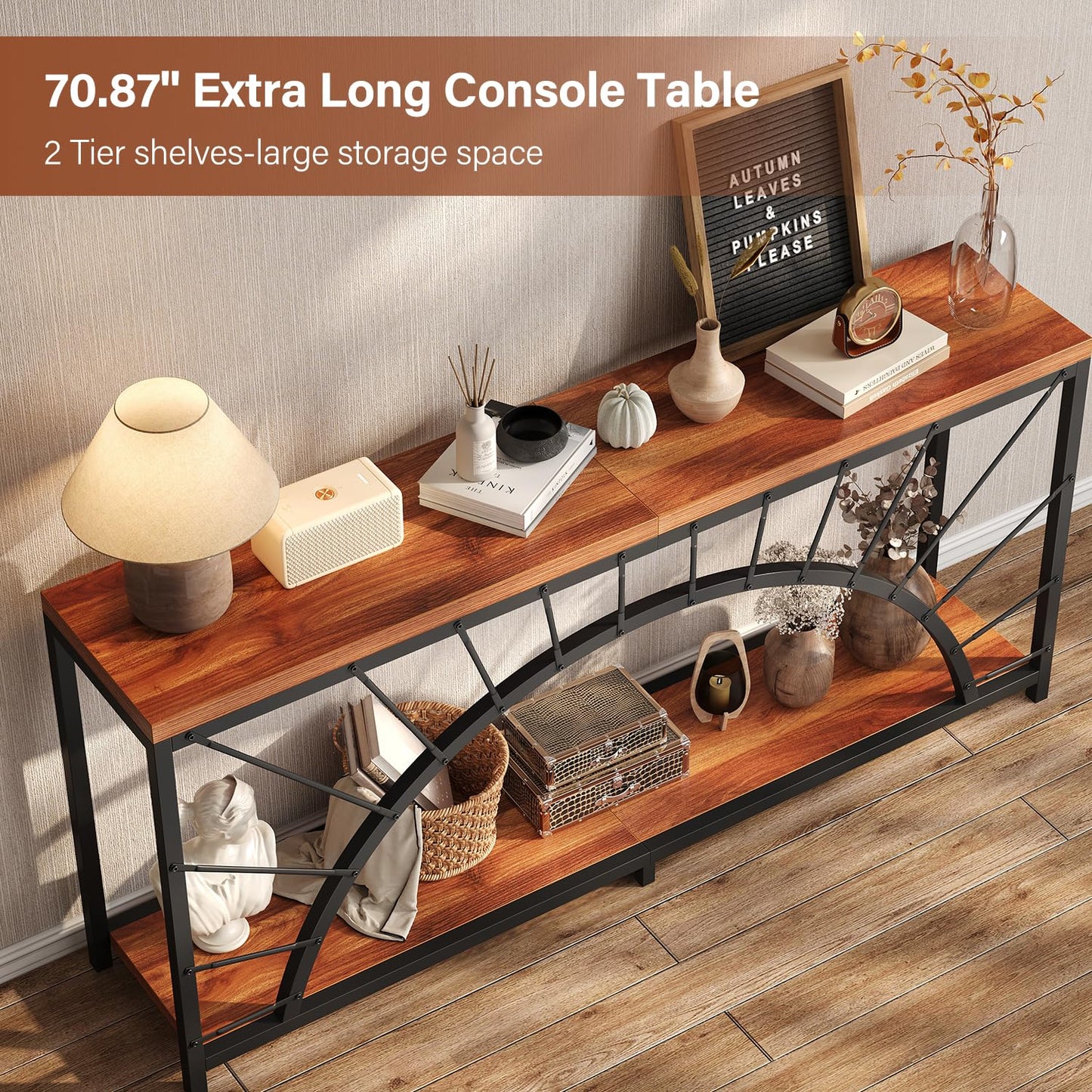 70.9 Inch Console Table, Extra Long Industrial Sofa Tables, 2-Tier Behind Couch Table, Foyer Tables for Entryway, Hallway, Living Room, Unique Design
