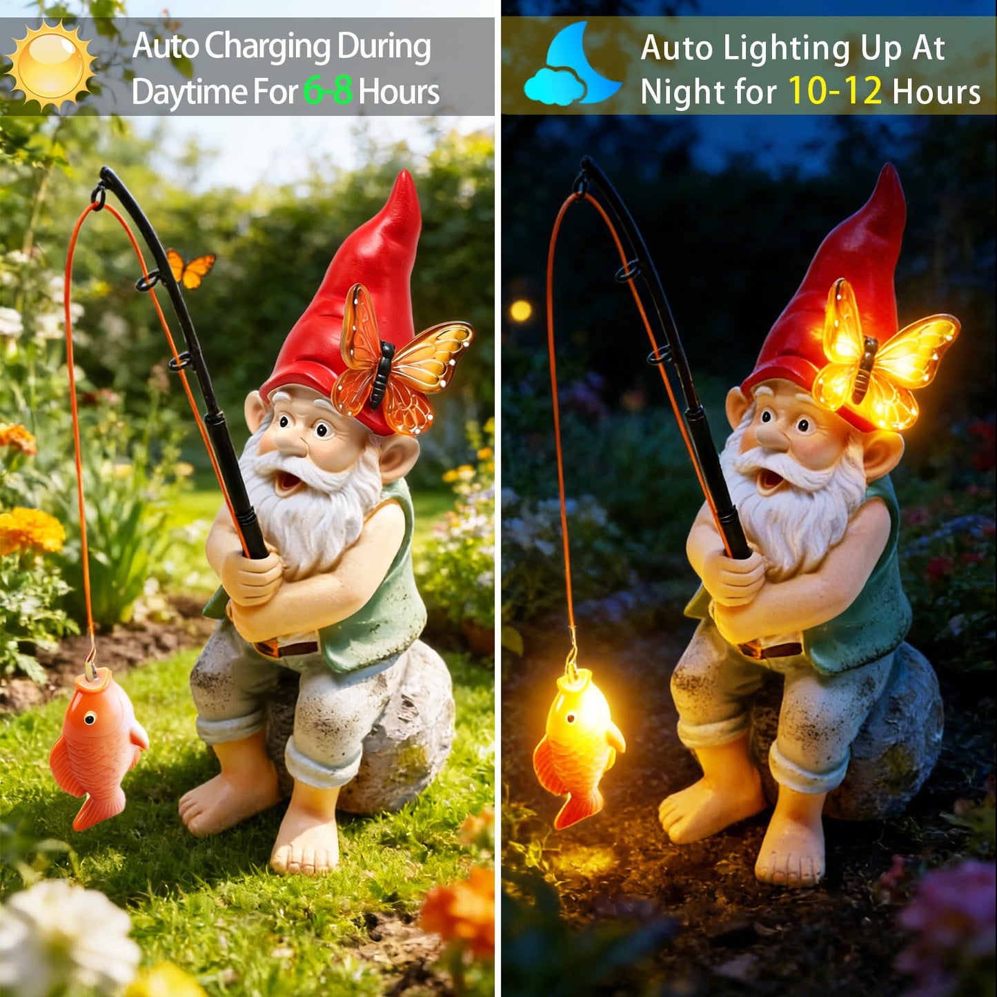 Solar Garden Gnome Statues, Outdoor Fishing Gnome with Butterfly Solar Lights Waterproof, Birthday Gifts for Mom Women Mother's Day, Garden Figurines for Yard Decor Patio Porch Lawn Ornaments