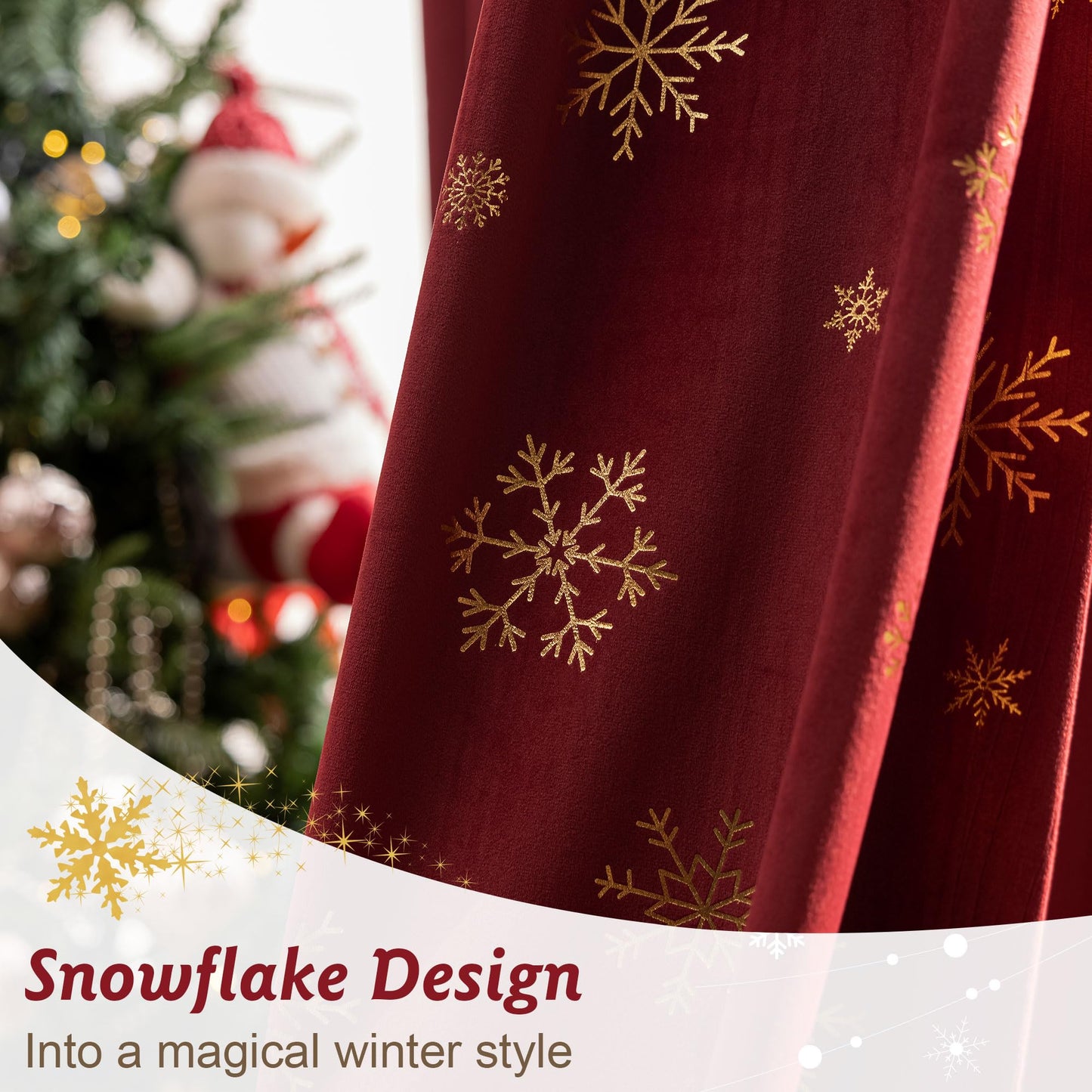 Beauoop Christmas Red Velvet Curtains 84 Inches Long 2 Panels for Bedroom Living Room Gold Snowflake Holiday Decor Burgundy Thermal Insulated Room Darkening Rod Pocket Window Treatments Drapes, 52X84