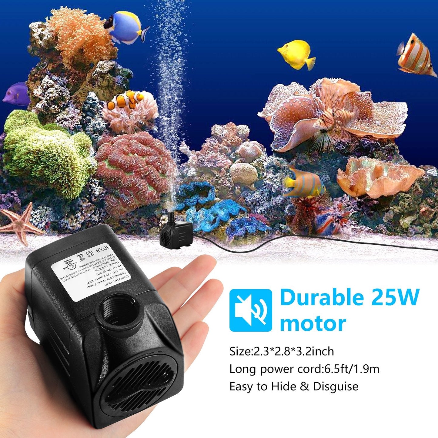 CWKJ Fountain Pump, 400GPH(25W 1500L/H) Submersible Water Durable Outdoor Pump with 6.5ft Tubing (ID x 1/2-Inch), 3 Nozzles for Aquarium, Pond, Fish Tank, Hydroponics