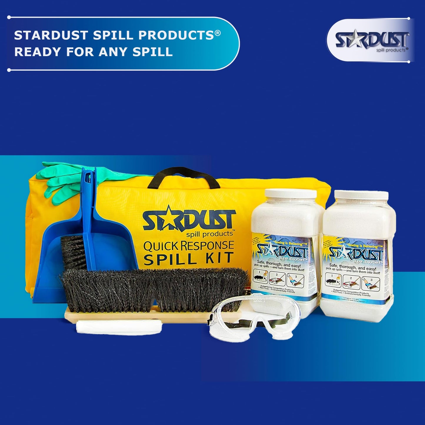 STARDUST Spill Products D710 Comprehensive Quick Response Spill Kits for Vehicles with Heavy Duty Duffle, (2) 5-Quart Dispenser, PPE Kit, Broom Head, Broom Handle, Dust Pan, (10) Disposal Bags