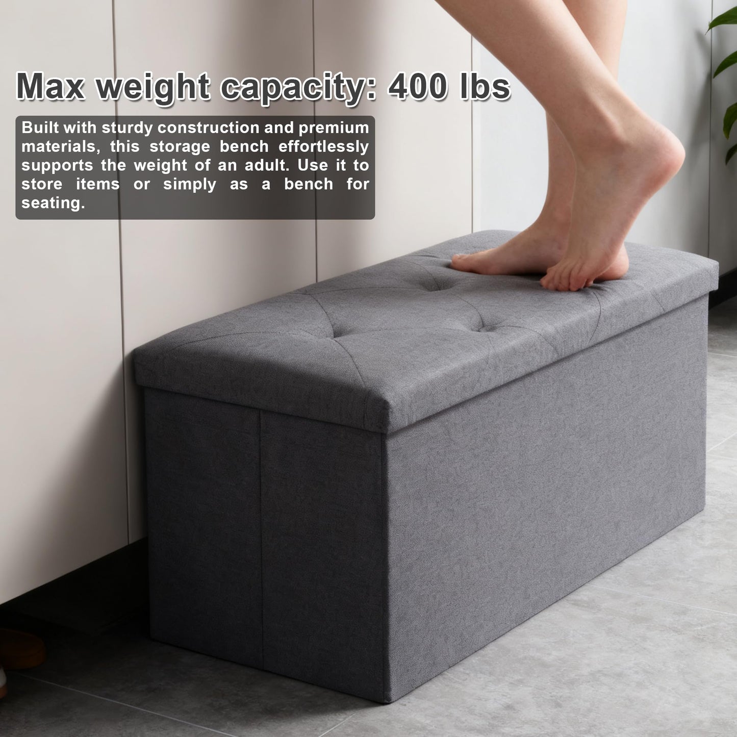 ZEUKMXOO 30 inch Storage Ottoman Bench, 30 inch Folding Storage Bench Ottoman, for Bedroom, Living Room, and Utility Room, Grey (30'' W)