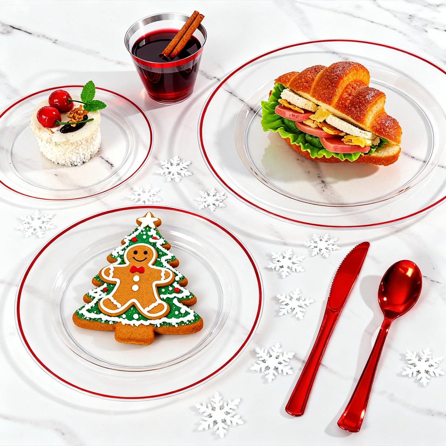 SUT 350 Pcs Red and Clear Plastic Dinnerware Set for 50 Guests, Include: 50 Dinner Plates, 50 Dessert Plates, 50 Pre Rolled Napkins With Silverware, 50 Cups, Disposable Plates for Party