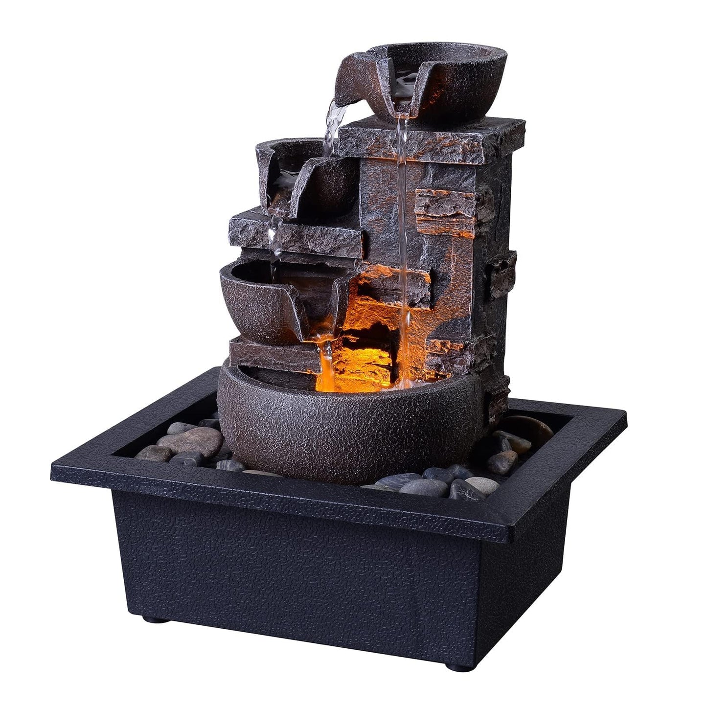 Kalona Décor Desktop Fountain - 10" 4-Tier Design with Imitation Stone, Indoor Waterfall Tabletop River Rocks & Resin Material for Serene Meditation & Relaxation - Ideal for Home & Office Decor