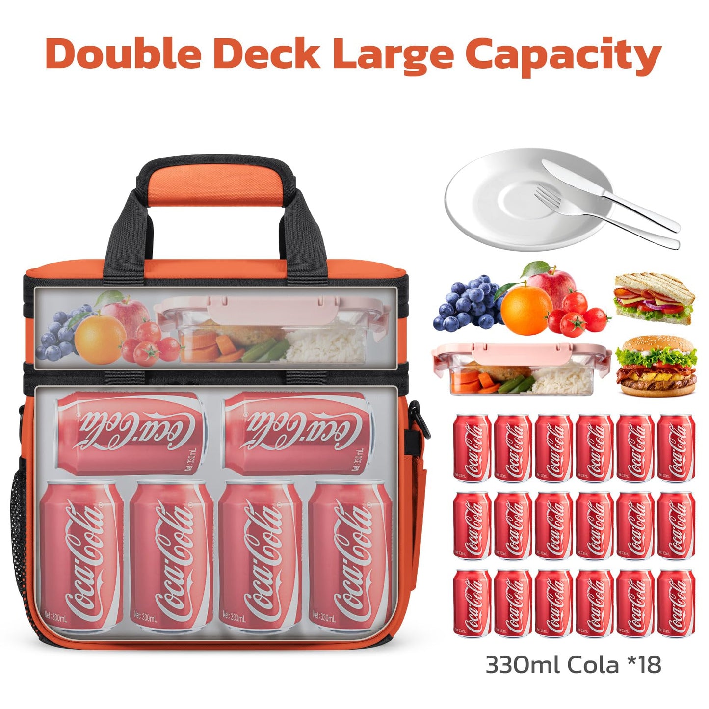 Maelstrom Lunch Box, 20L Insulated Lunch Bag for Men Women, Expandable Double Deck Leakproof Cooler Bag with 6 Pockets, Reusable Lunch Tote Bag for Work, Picnic, Travel, Orange