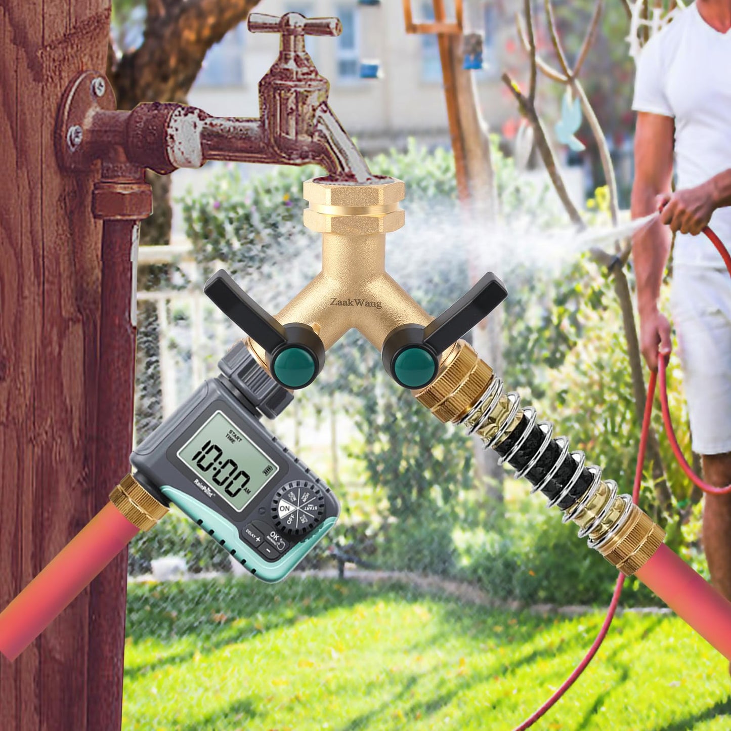 Heavy Duty Solid Brass Y-Way Distributor, 3/4" GHT Thickened Hexagonal Water Inlet, Garden Faucet Splitter, Hose Splitter with 2 More Colors Comfortable Extension Handles.