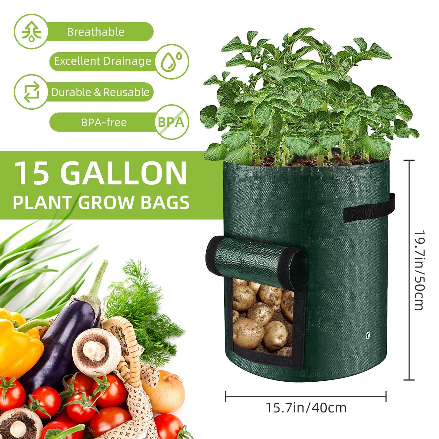 LITLANDSTAR 6 Pack Potato Grow Bags, 15 Gallon Grow Bags Garden Planting Bags with Flap Windows and Handles, Vegetable Grow Bags for Potato, Onion, Tomato, Carrot (Dark Green)
