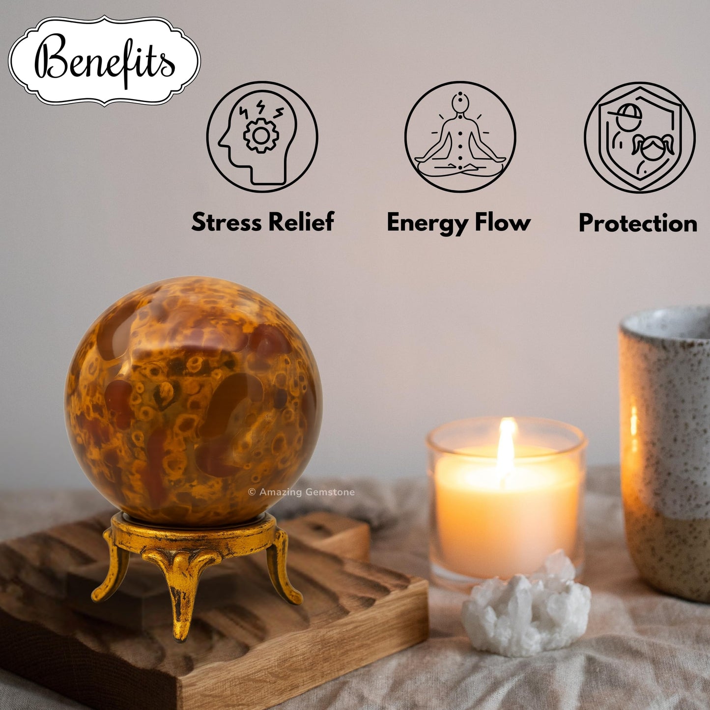 Amazing Gemstone Fruit Jasper Crystal Ball with Stand - 2 Inches Crystal Sphere Meditation Balls for Witchcraft and Decorative Balls