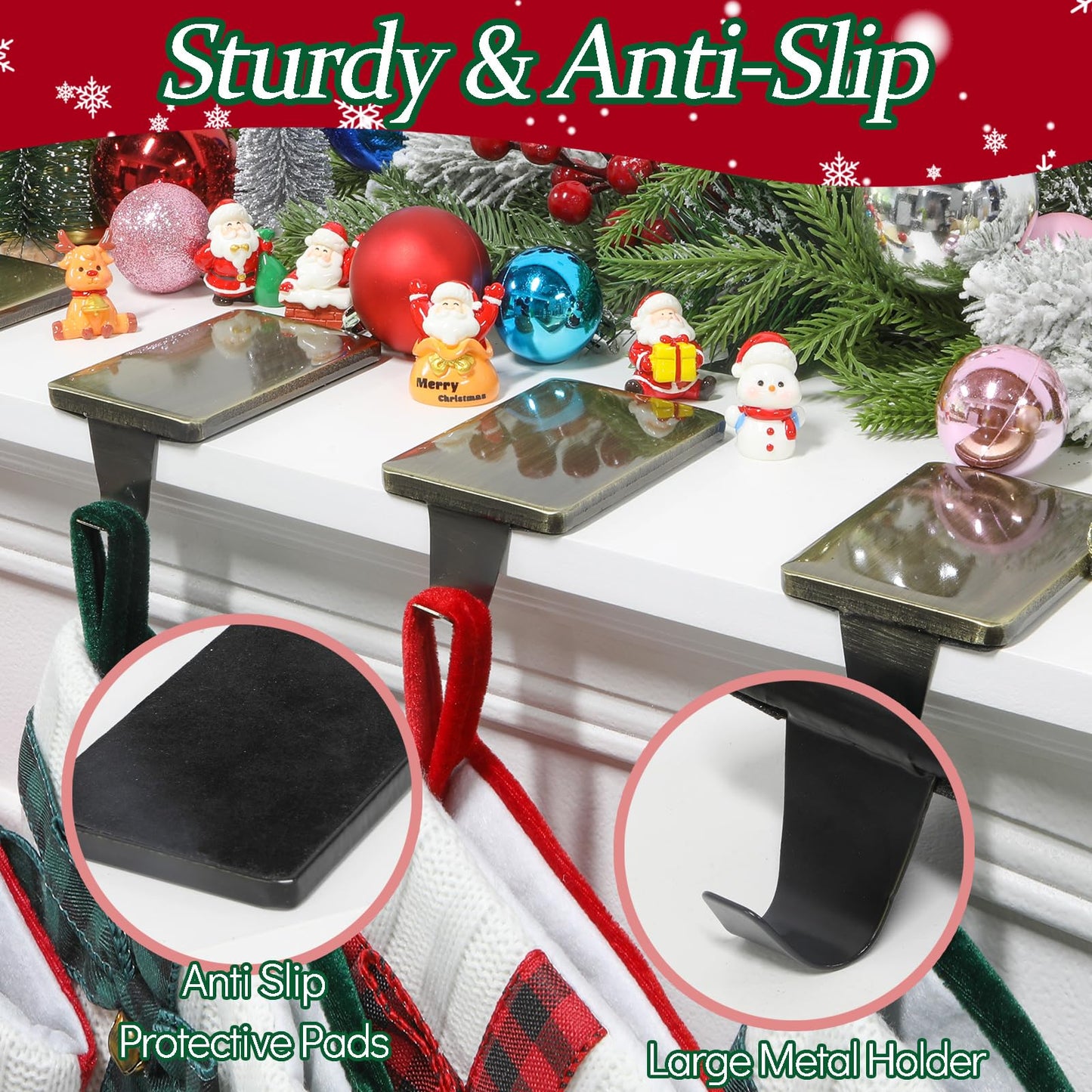 HMASYO Christmas Stocking Holders for Mantle Set of 2, Heavy Duty Cast Iron Stocking Hangers Base, Low Profile Weighted Stocking Holder Hooks for Fireplace Tabletop Shelf Christmas Decoration, Bronze