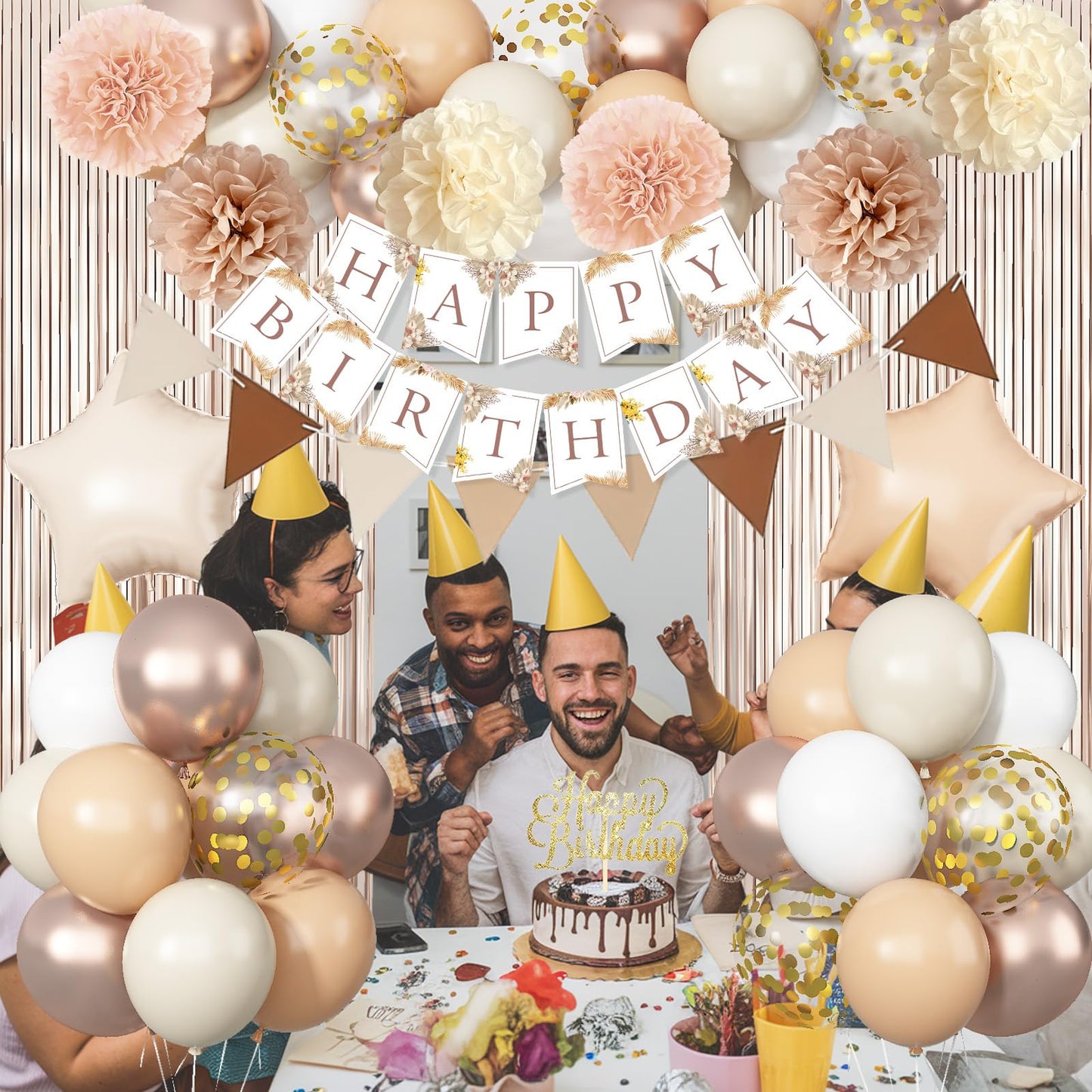 Beige Brown Birthday Decorations for Women, Gold Neutral Cream Sand White Party Balloon Kit with Boho Happy Birthday Banner Fringe Curtain Background Pom Pom Cake Topper for Boy Girl Men Bday Supplies