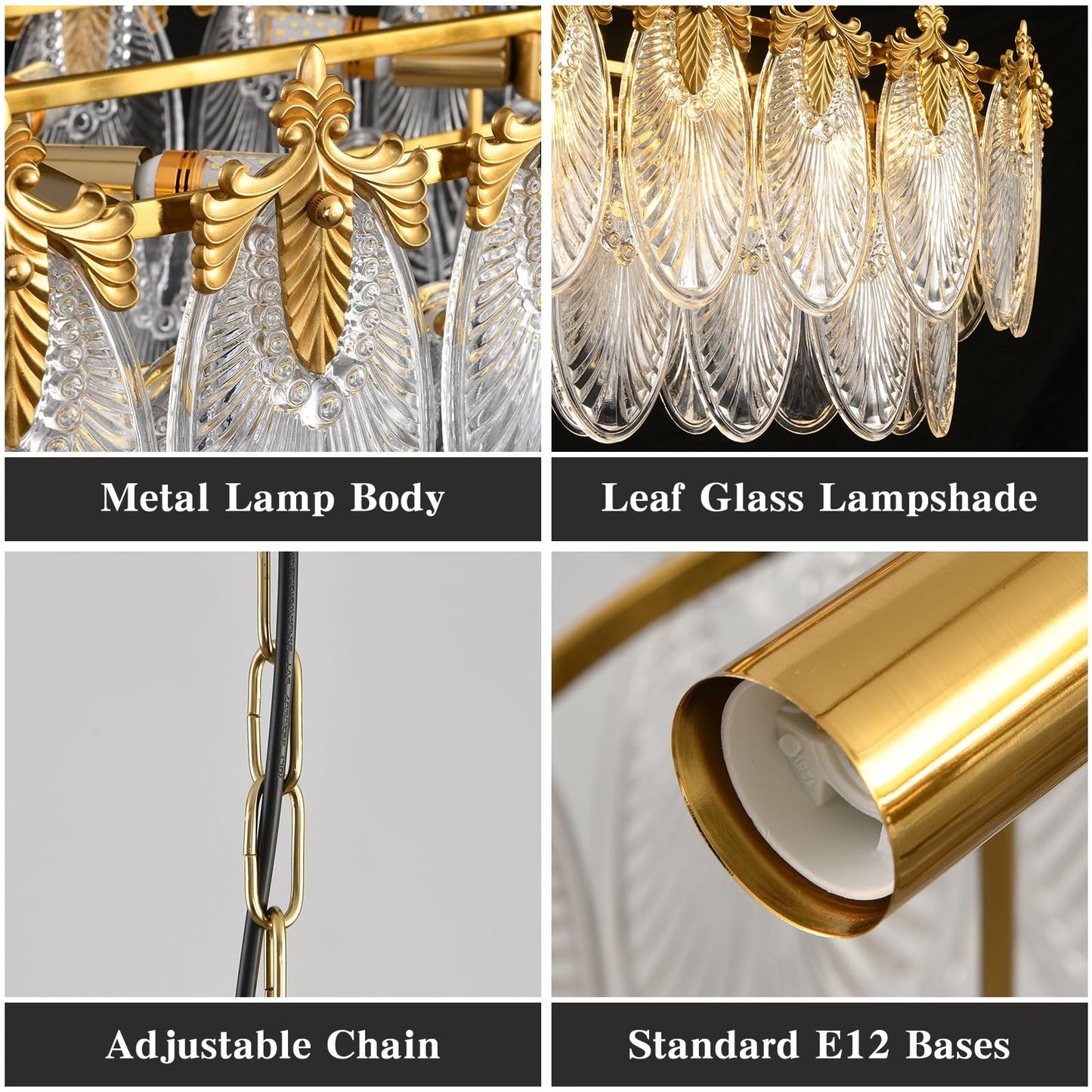KELUOLY Rectangular Crystal Glass Dining Room Chandelier, 8 Light Gold Chandeliers Lighting Fixture, L33.5'' Height Adjustable Oval Ceiling Pendant Light for Office Coffee Over Table Kitchen Island