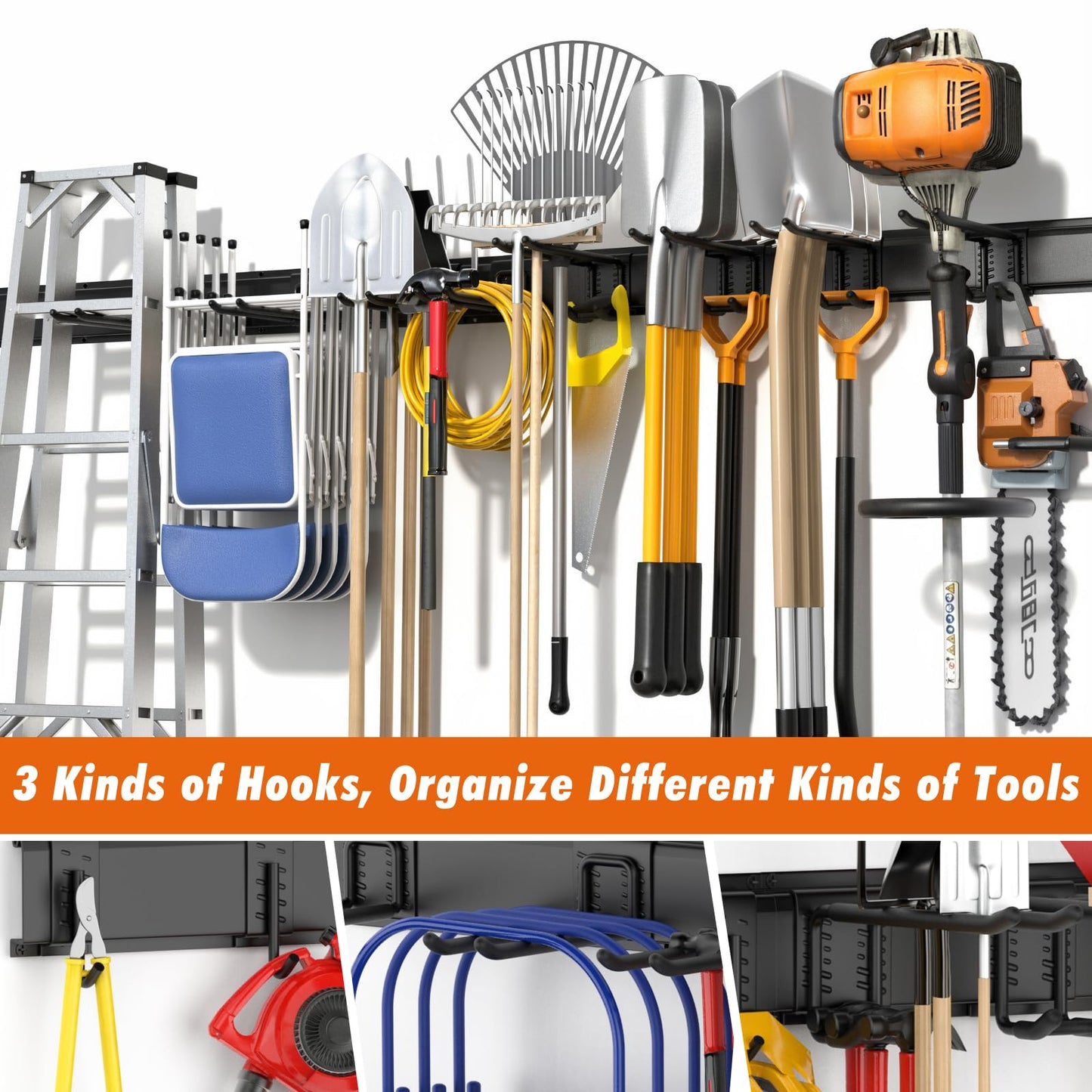 Housolution Heavy Duty Garage Wall Organizer 64 Inch - 18Pack Carries 570 lbs, Garage Tool Organizer Storage System, 4 Rails with 12 Adjustable Hooks, Garden Tool Organizer for Warehouse, Workshop