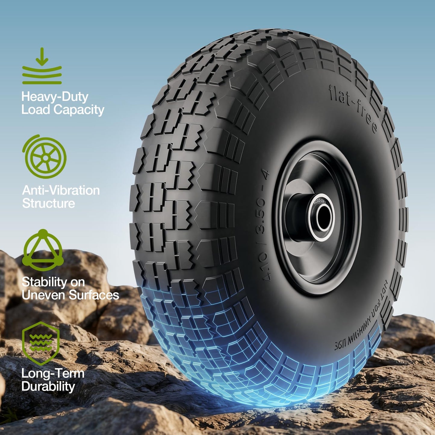 2 Pack 4.10/3.50-4 Tire and Wheel Flat Free, 10 inch Wheels 5/8" Bearings, 2.2" Offset Hub, Solid Tires for Garden Cart, Wheelbarrow, Hand Truck, Lawn Cart, Dolly, Wagon Wheels Replacement