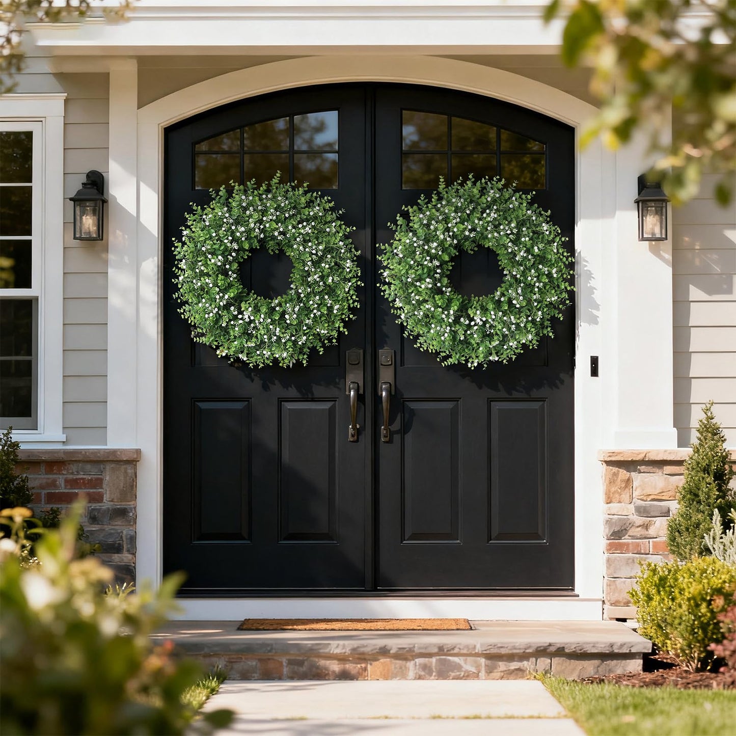 26" Artificial Eucalyptus Wreath with Baby's Breath for Front Door - Faux Eucalyptus Leaves, Fake Spring/Summer Greenery Flowers Wreath for Porch, Farmhouse, Wall, Window Outdoor Decor(White-Green)