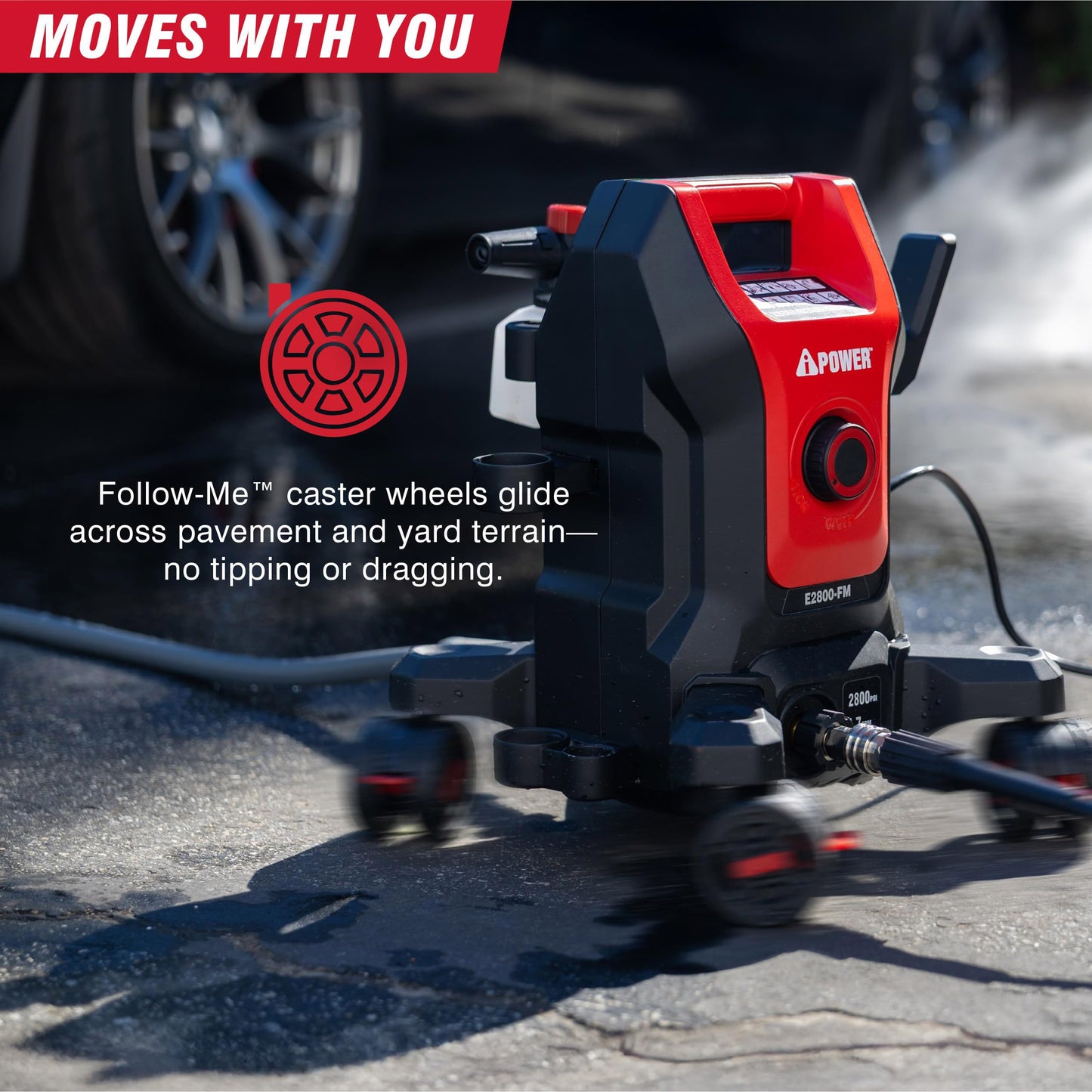 A-iPower Follow Me Electric Pressure Washer 2800 Max PSI 1.7 GPM Anti-Tipping Design with 5 Nozzles, Soap Dispense for Fences, Driveways, Patios, Cars, Home Cleaning, E2800-FM