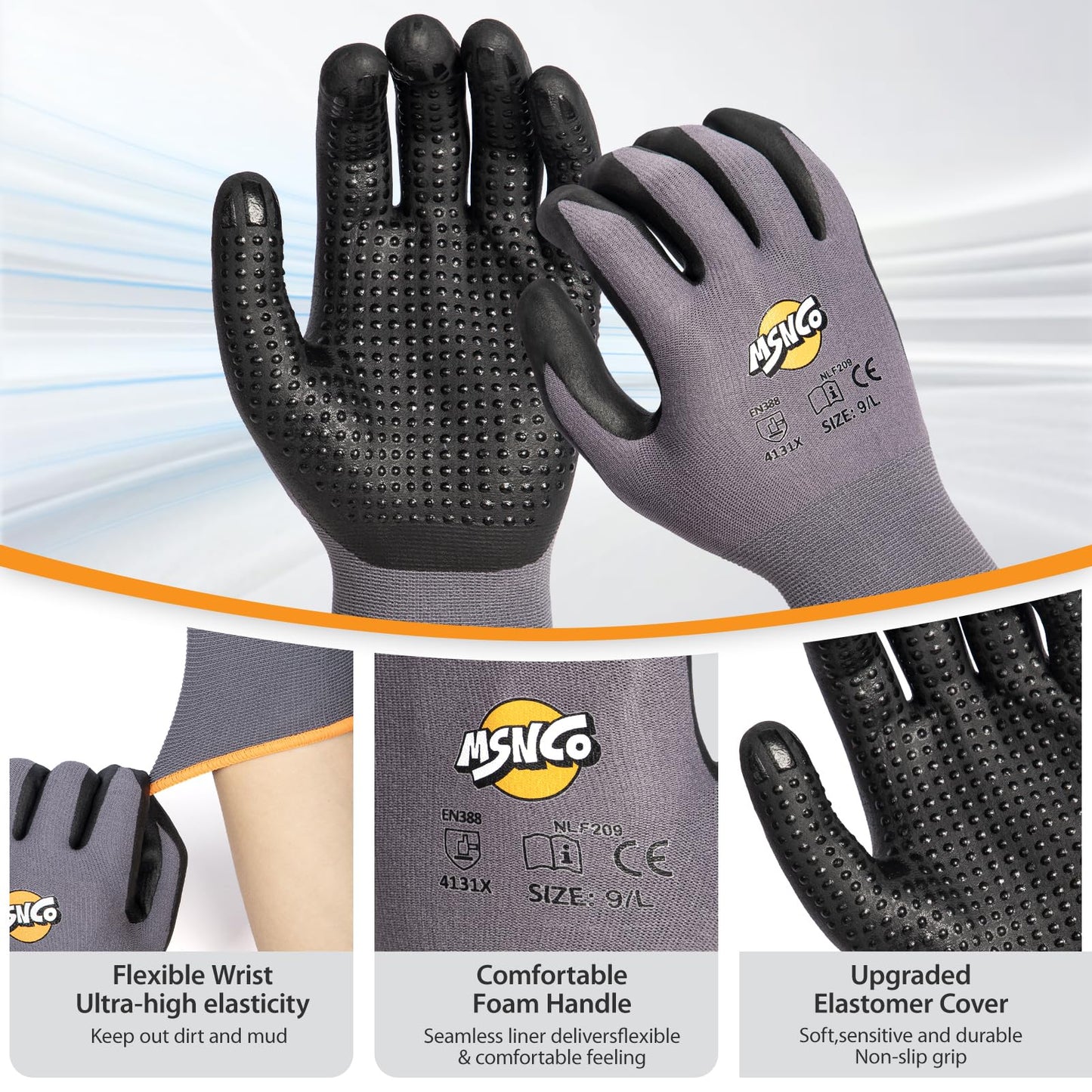 MSNCO Safety Work Gloves 6/12 Pairs Micro Foam Nitrile Coated Endurance Seamless Knit Nylon ，Wear-resistant mechanical gloves with raised dots L Bump