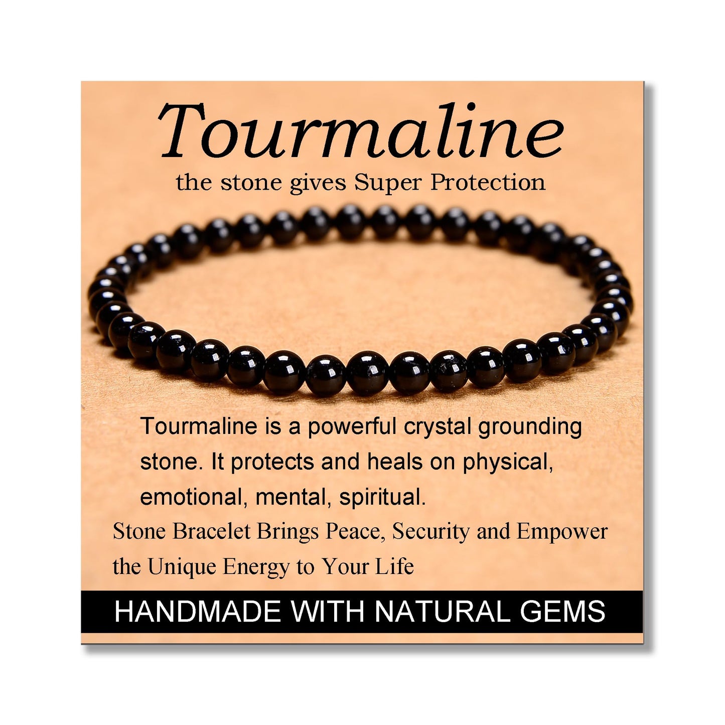 MASSIVE BEADS Black Tourmaline - Super Protection - Handmade Yoga Stretch Elastic Bracelet Natural Stone Crystal Healing Power Energy Gifts for Unisex Adult 4mm