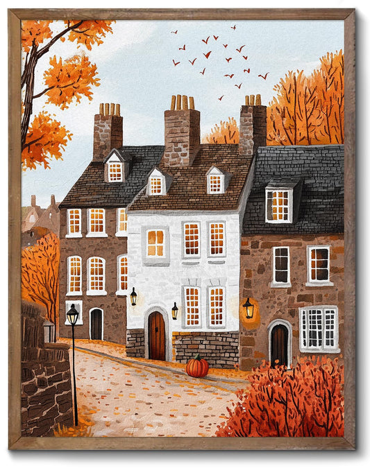 XOCUUI Autumn Cozy Village Landscape Scene 8x10 Unframed Canvas Print, Rustic Fall Street Scene Wall Art With Warm Colors, Thanksgiving House Office Entryway Seasonal Decor