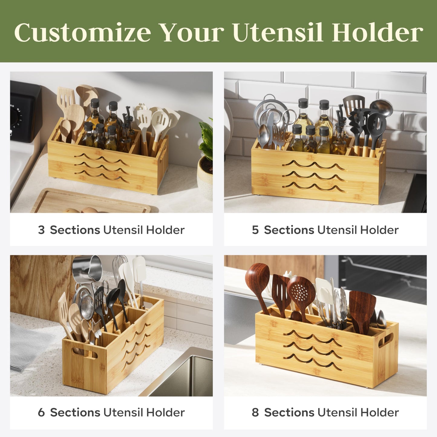 Kcrystenia Large Kitchen Utensil Holder for Countertop, 8 Adjustable Compartments Cooking Utensil Holder Organizer, Bamboo Silverware Caddy with Absorbing Stone Drying Mat for Spatula Spoon