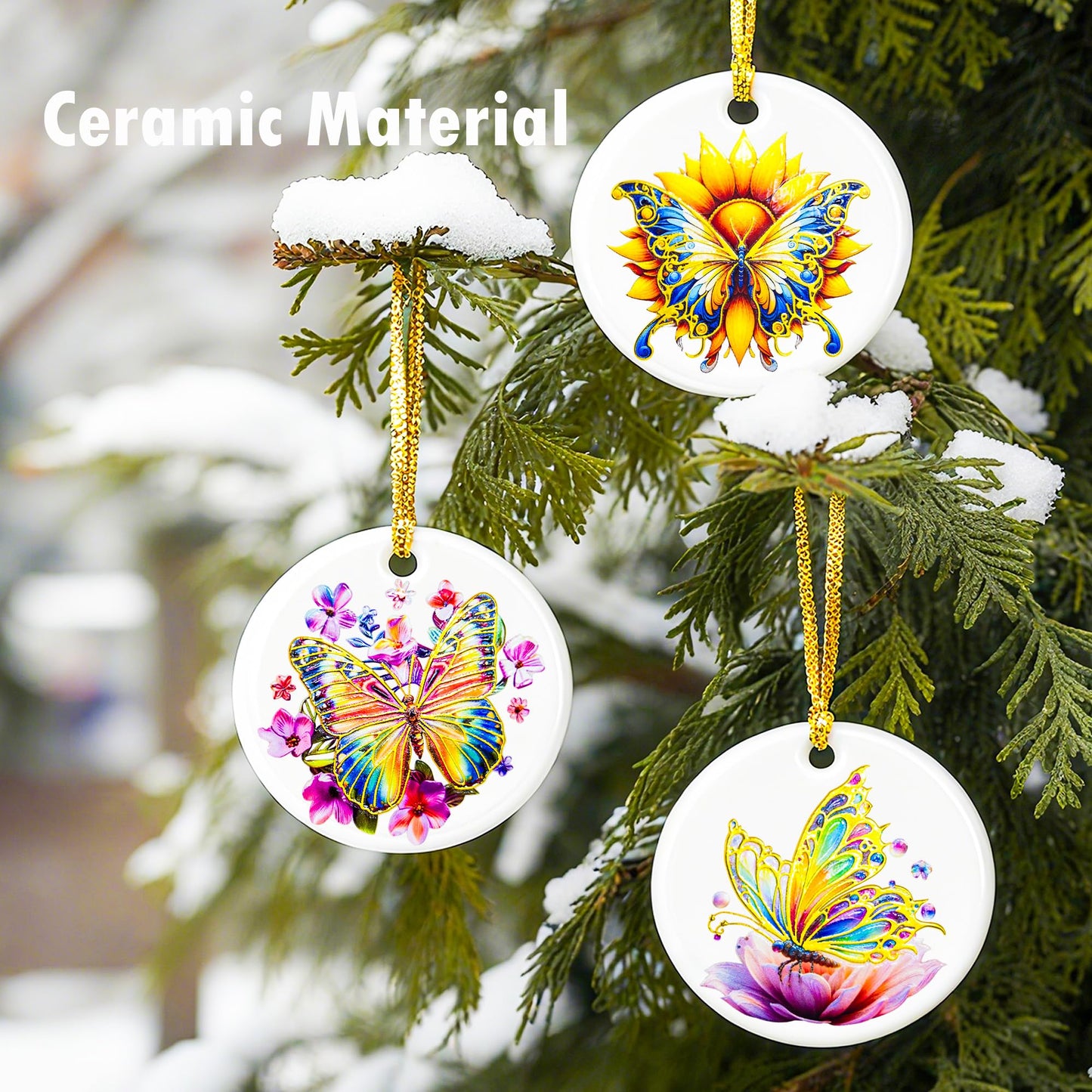 YOXUTEP 3-Pack Ceramic Butterfly Ornaments, Hand-Painted Christmas Tree Decor for Home, Exchange, Xmas Presents & Festive Decoration