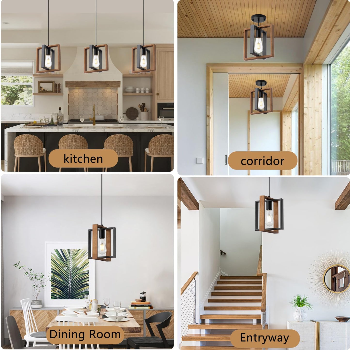 9MMML Industrial Small Pendant Lighting, Farmhouse Kitchen Island Hanging Lamp with Cord, Wood+Metal,1 Light E26 Fixture for Dining Room Bedroom Hallway Entryway,9.5 inch