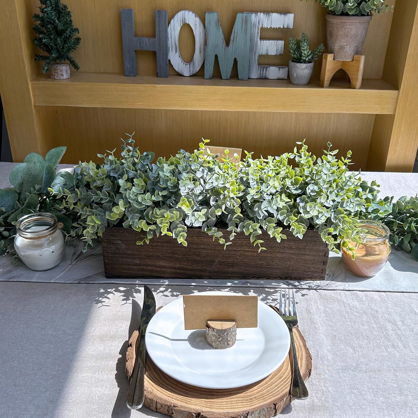 Winlyn 14" Artificial Eucalyptus in Rectangular Wood Planter Box Faux Plants Arrangement Centerpiece Wooden Potted Eucalyptus Plant for Farmhouse Wedding Dining Table Centerpiece Greenery Mantel Décor