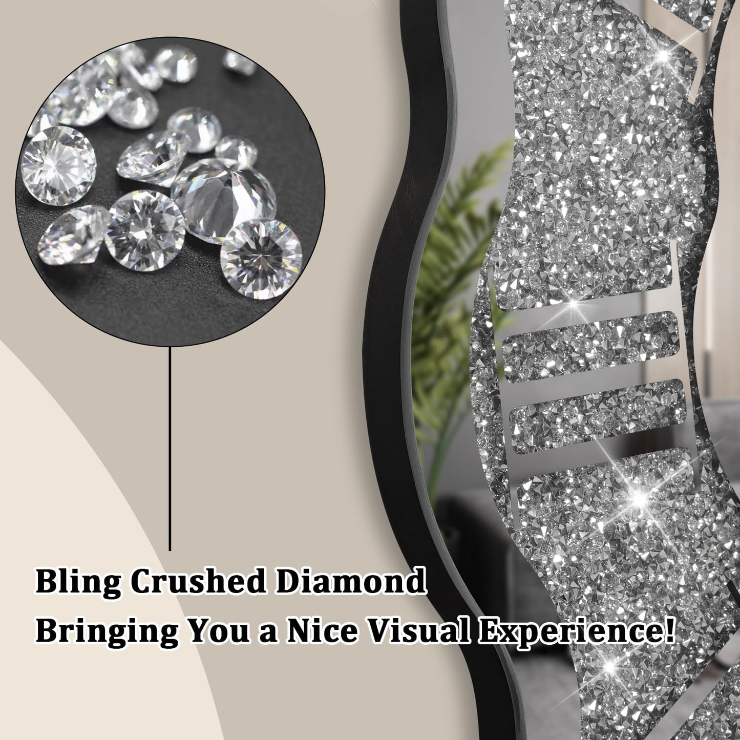 FEUFOAM Crushed Diamond Mirrored Wall Clock Silver Modern Crystal Clocks for Bedroom Unique Home Decorative Glass Mirror Hanging Clock for Living Room Office Dining Decor