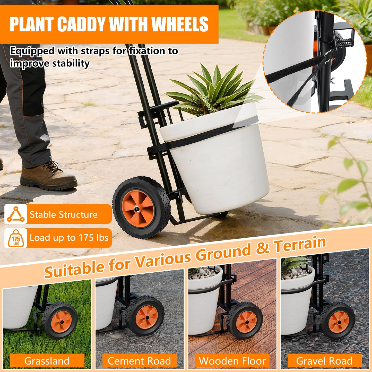 KJX Adjustable Plant Caddy with Wheels, Heavy Duty Plant Dolly Cart with Grab Arm and Strap Dual Protection, Garden Potted Plant Mover Dolly for Planter Flower Pots Indoor Outdoor