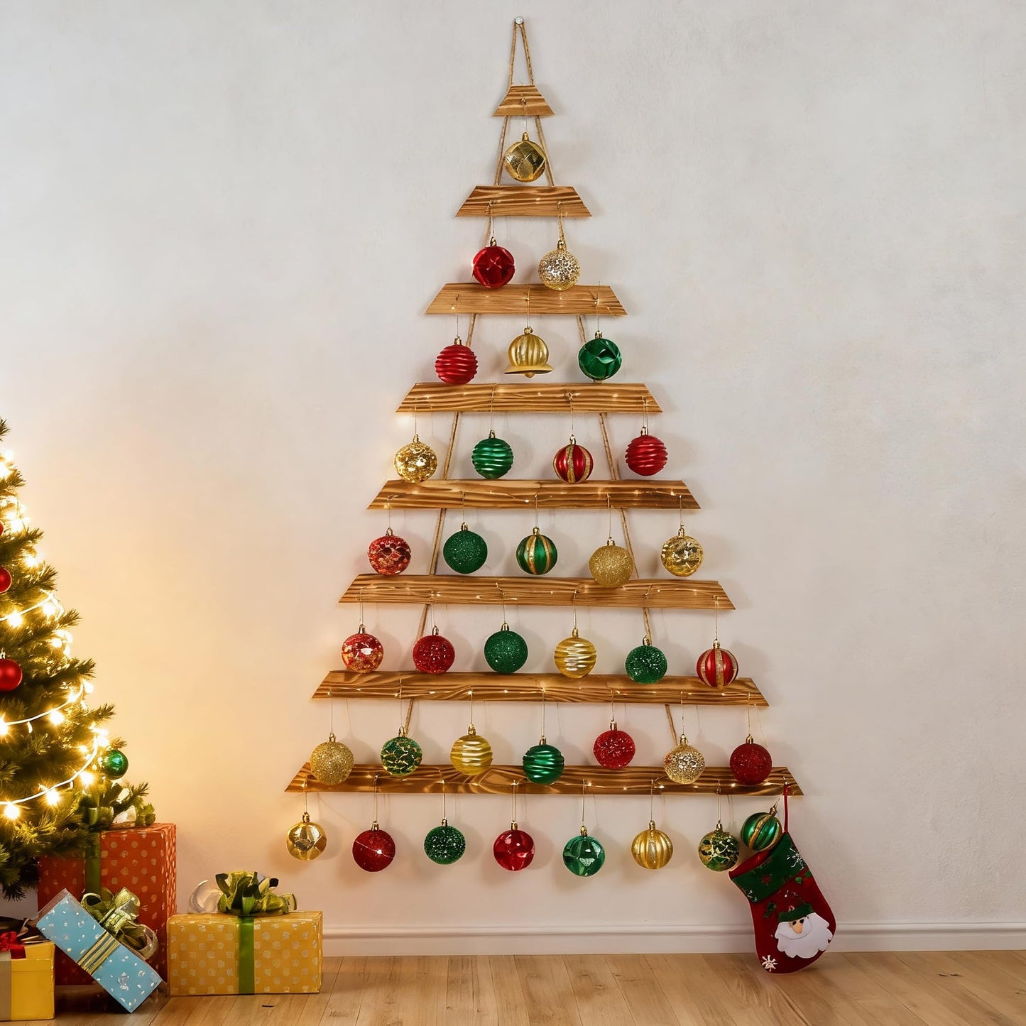 SOONOW 44" Wall Hanging Christmas Tree with Remote LED Lights and 36 Ornaments, Lighted Wood Christmas Tree for Living Room, Bedroom Holiday Wall Decor