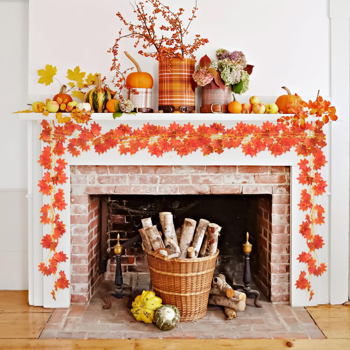 12 Pack 7.9 ft Artificial Maple Leaf Garland, 30 Leaves per Garland, Autumn Leaf Foliage Fall Decorations for Home, Garden, Room, Fireplace, Porch, Thanksgiving, Wedding, Indoor Outdoor Decor