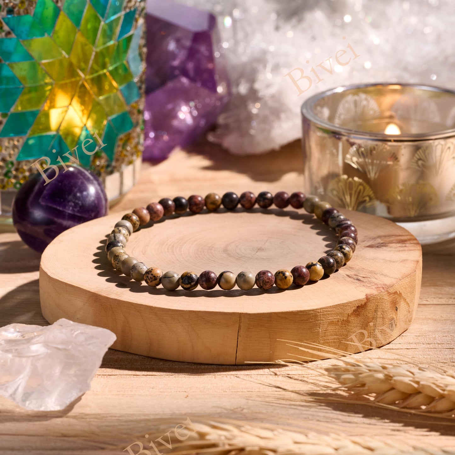 Bivei Dendritic Jasper-Grounded Growth-4mm Beaded Bracelets for Women Handmade Semi Precious Natural Stone Stretch Elastic Jewelry Yoga Protection Gifts