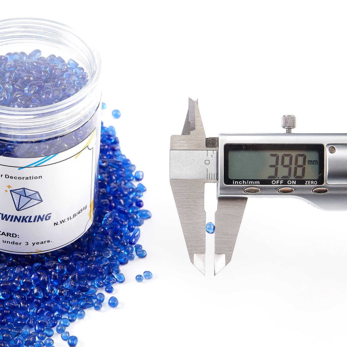 TWINKLING High Luster Round Fire Glass Stones,Glass Marbles Pebbles,Glass Beads Gems for Fire Pit Vase Fillers Crafts Aquarium Garden Decoration,3-6mm,1-Pound Jar (Cobalt Blue)