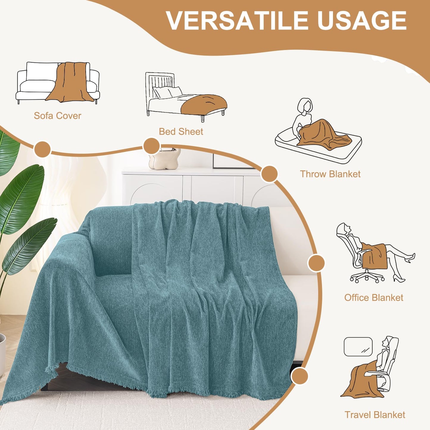 Smiry Couch Cover for Dogs, Washable Chenille Sofa Covers for 3 Cushion Couch, Soft Sofa Slipcover for Pets, Thick Sectional Furniture Protector with Tassels (Blue, 88.5x134 Inch)