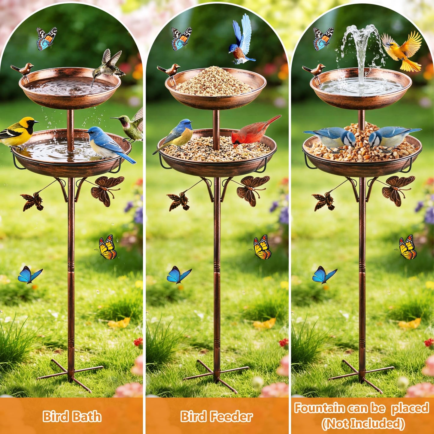 2 in 1 Bird Bath for Outside, 42 Inch Tall Free Standing Birdbaths Outdoor, Metal Bird Feeder Bowls for Garden Lawn Decor, Antique Bronze