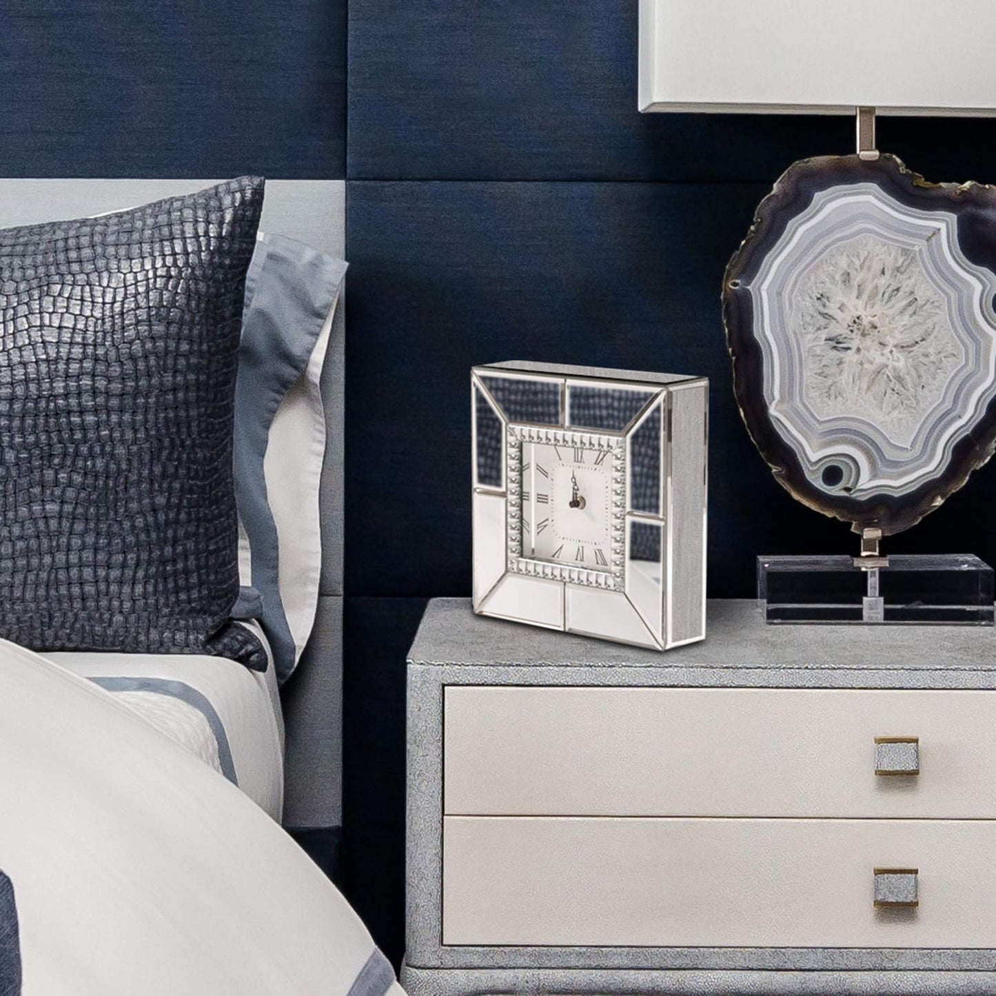 Howard Elliott Collection Mirrored Finish Table Clock with Beaded Glass Trim, Decorative Silver Mirror Clock for Office, Desk or Bedside Table, Gift for Wedding, Anniversary and Birthdays 10 x 10 Inch