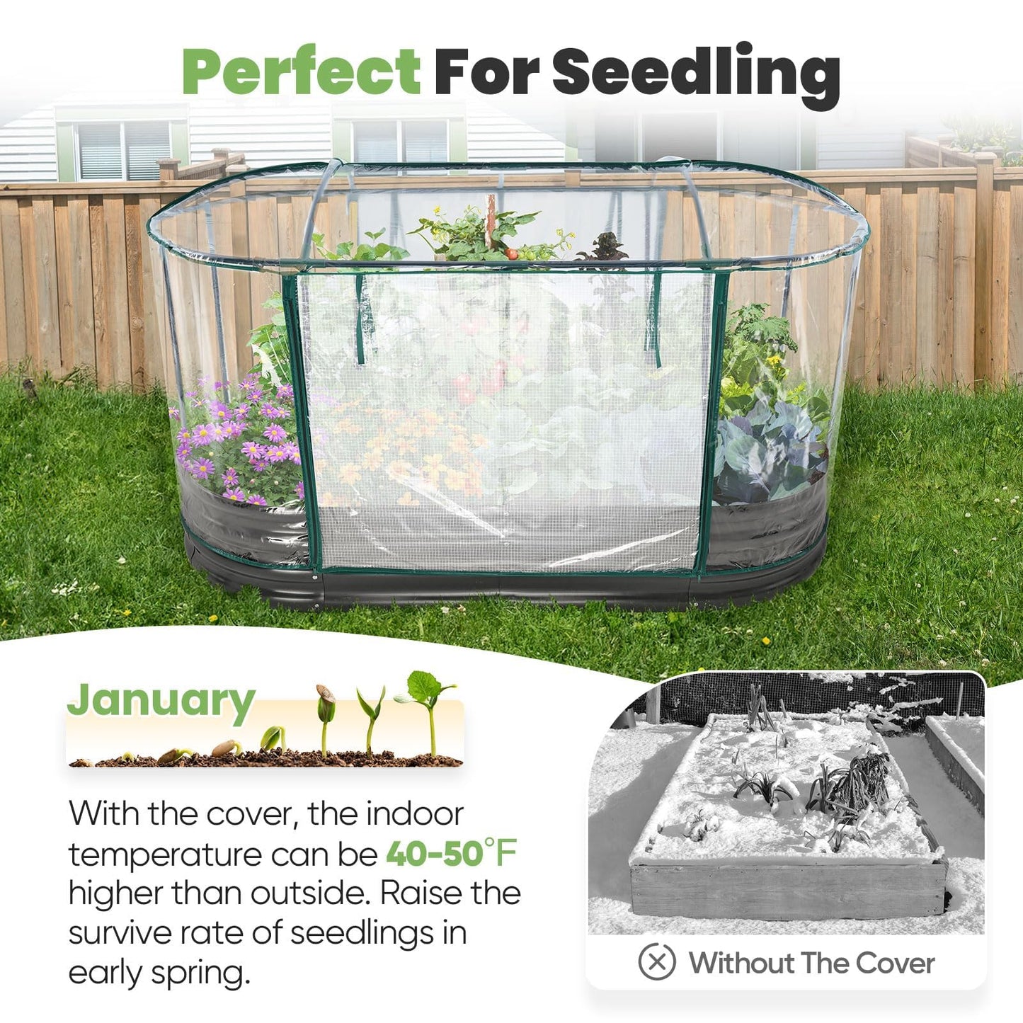 KING BIRD Raised Garden Bed with Cover Galvanized Oval Planter Garden Box Outdoor for Gardening, Vegetables, Flowers, Clear