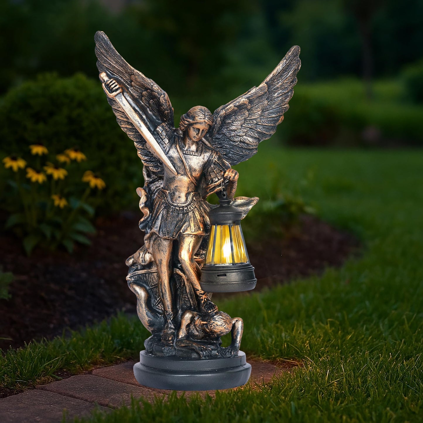Dlfghos St Michael The Archangel Solar Outdoor Garden Decor Statues–12 in Miguel Arcangel Statue Solar Outdoor Sculptures for Outside Yard Patio Balcony Front Lawn Decor