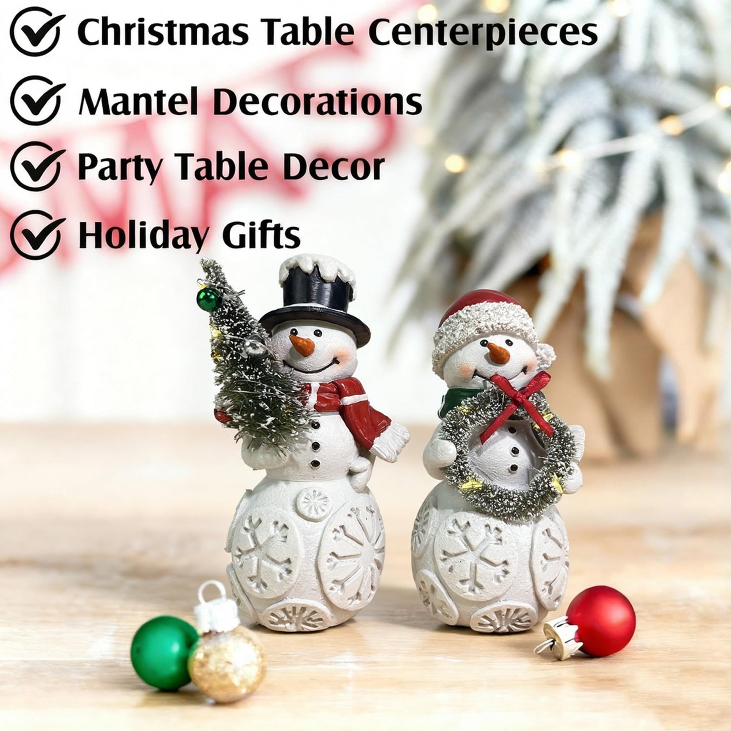 LFLKPY Snowman Christmas Decorations Set of 2 with LED Lights, Resin Light Up Snowman Figurines with Tree & Wreath, Battery Operated Holiday Tabletop Decor for Xmas Home, Mantel, Shelf, Gift