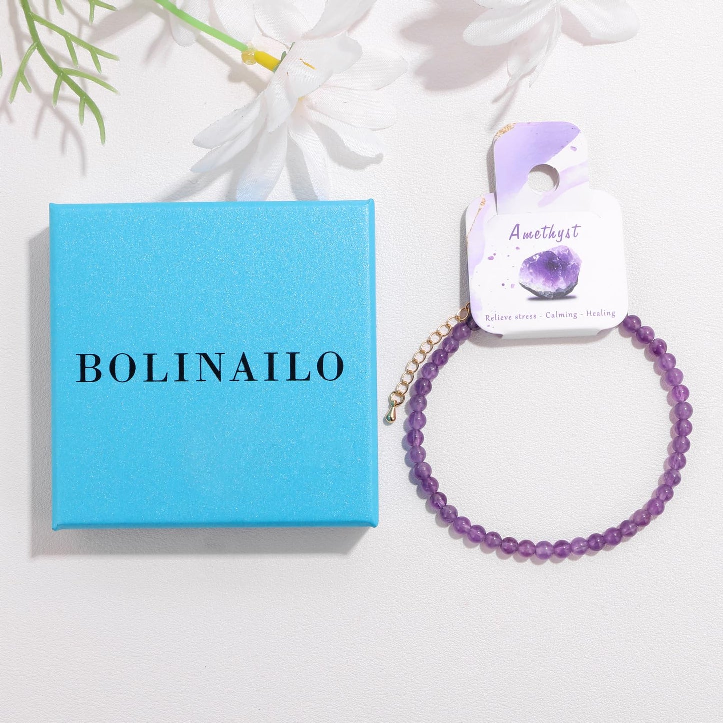 Bolinailo Natural Stone Beaded Anklets for Women, Handmade Boho Amethyst 4mm Crystal Beads Anklet, Gold Chain Adjustable Ankles Bracelet, Beach Summer Jewelry Gift