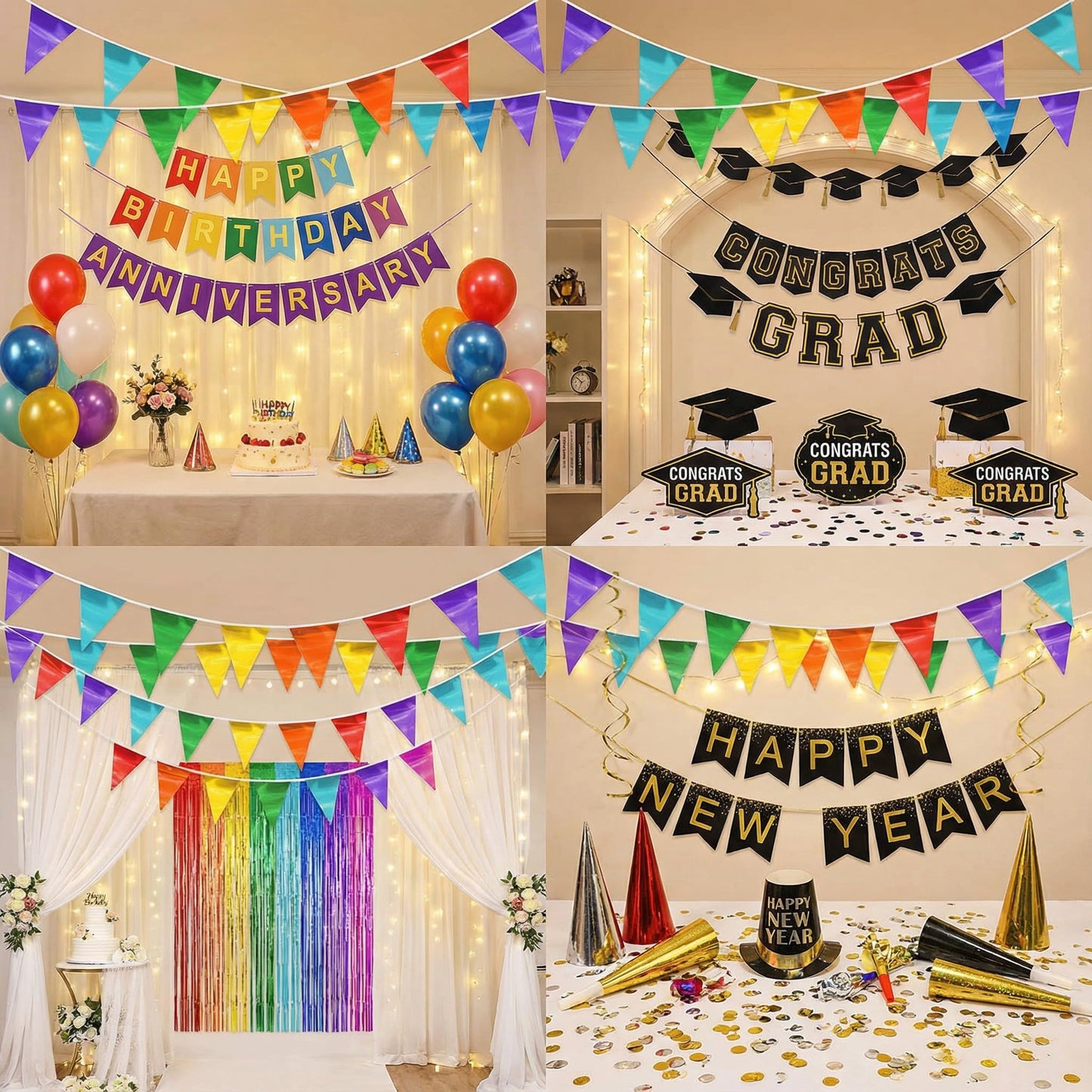 4P Rainbow Party Decorations - Metallic Fabric Triangle Pennant Banner Flags - Indoor/Outdoor Bunting Garland for Birthday, Wedding, Graduation & Theme Parties