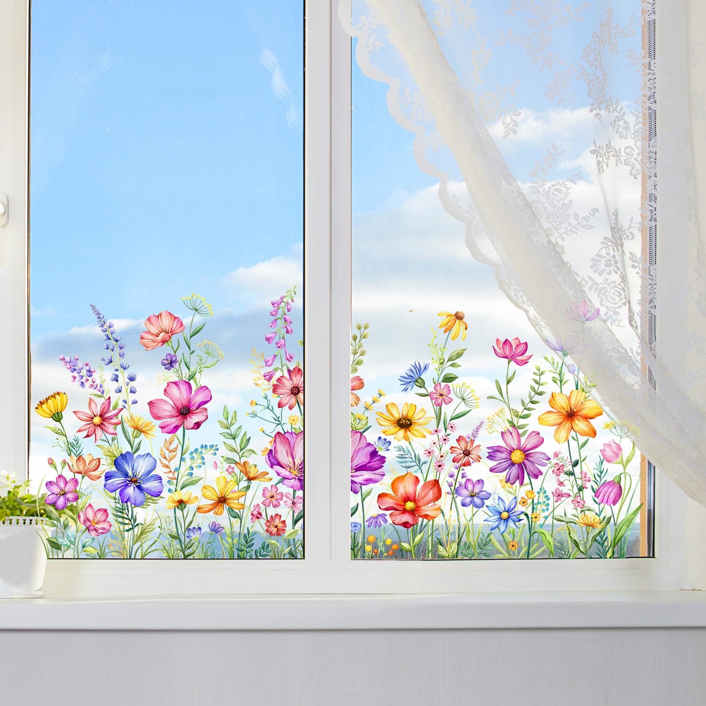 2 Sheets Wildflower Static Window Clings Colorful Spring Summer Floral Window Stickers Double-Sided Anti-Collision Glass Door Mirror Decals